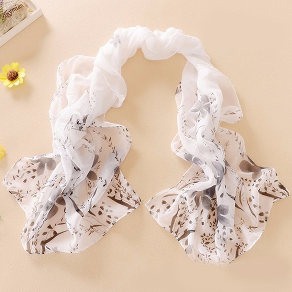 White Chiffon Gray Floral Wrap Scarf Shawl - Picture 2 of 3